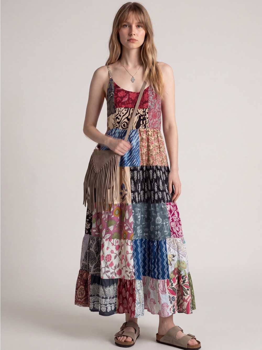 Jessica Taylor Boho Patchwork Tiered maxi Dress 100% Cotton cottagecore prairie